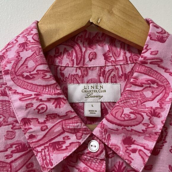 Charter Club Alligator Print Linen Blend Button Up Shirt Size L Vacation Womens - Picture 8 of 10